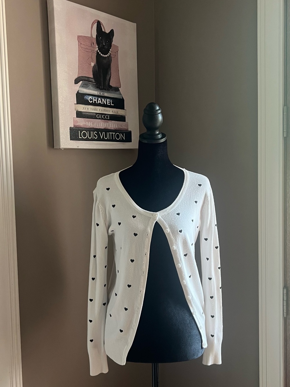 White Heart-Print Button-Front Cardigan Sweater